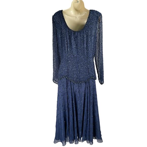 Vintage Peak Evenings Dress Womens 8 Navy Beaded Long Sheer Sleeves Maxi - Picture 4 of 13